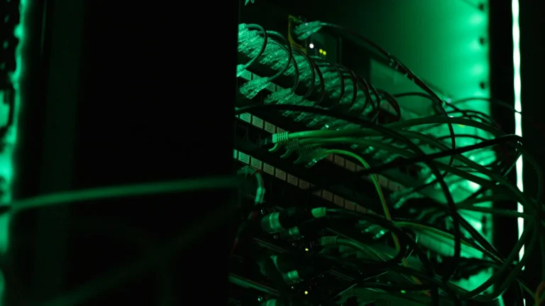 Cables de red iluminados en un centro de datos